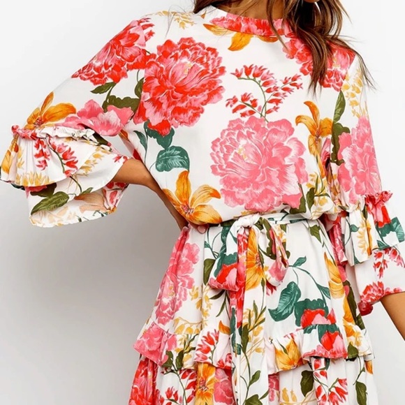 Floral Print Round Collar Pleated Dress - Picture 2 of 5